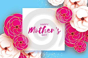 Mothers Day Greeting card. Women`s Day. Paper cut pink gold flower. Origami Beautiful bouquet. Square frame. text.