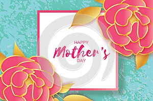 Mothers Day Greeting card. Women`s Day. Paper cut pink gold Peony flower. Origami Beautiful bouquet. Square frame. text.