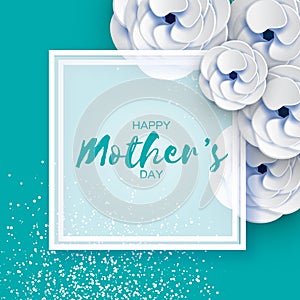 Mothers Day Greeting card. Women`s Day. White Paper cut flower. Origami Beautiful bouquet. Square frame. text.