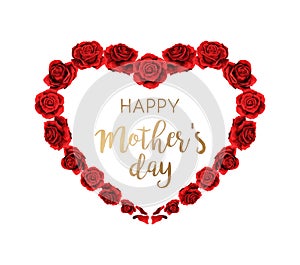 Mothers day heart label frame red roses border isolated on white background
