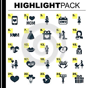 Mothers Day Icon Design Concept. Set Of 25 Such Elements As Protect, Emotion, Hands. Beautiful Symbols For Stroller