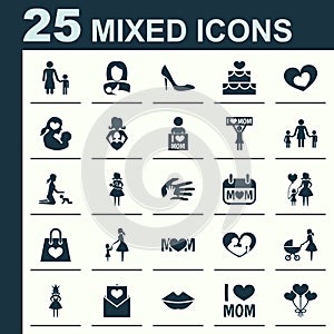 Mothers Day Icon Design Concept. Set Of 25 Such Elements As Stroller, Infant And Decoration. Beautiful Symbols For