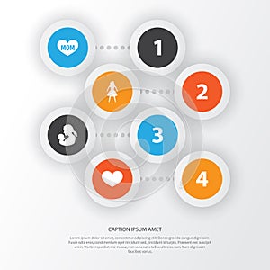 Mothers Day Icon Design Concept. Set Of 4 Such Elements As Female, Baby And Text. Beautiful Symbols For Care, Lady And