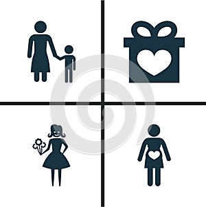 Mothers Day Icon Design Concept. Set Of 4 Such Elements As Woman, Madame And Pregnancy. Beautiful Symbols For Woman
