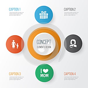 Mothers Day Icon Design Concept. Set Of 4 Such Elements As Protect, Emotion And Gift. Beautiful Symbols For Mother, Gift