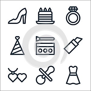 Mothers day line icons. linear set. quality vector line set such as dress, pacifier, necklace, lipstick, make up kit, party hat,