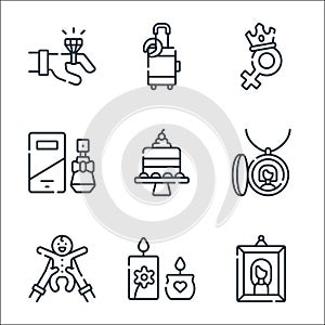 mothers day line icons. linear set. quality vector line set such as photo, scented candle, baby, necklace, cake, perfume, woman,
