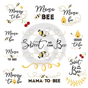 Mothers day logos, icons, labels, tags. Hand drawn set with bee sweet honey badges Mama bee