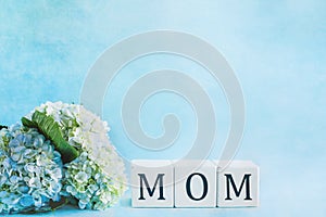 Mothers Day Mom Blocks with Blue and White Hydrangeas