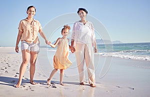 Mothers day, mom and child with grandmother at the beach in to celebrate women with children as a happy family, Three