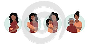 Mothers Day. Motherhood concept set. Cute smiling mother and daughter. Happy african american woman and girl. Stages of growing up