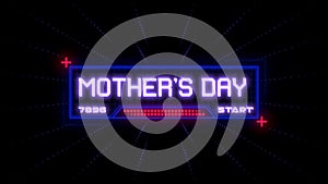 Mothers Day neon sign with futuristic font and vibrant colors on checkerboard backdrop