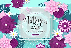 Mothers day sale banner.Background with blossom flowers, butterflies and lettering. Vector illustration for posters