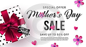 Mothers Day sale banner or poster design with beautiful gift box, paper hearts and flowers