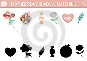 Mothers day shadow matching activity for children with presents and holiday symbols. Fun spring puzzle. Family love game for kids
