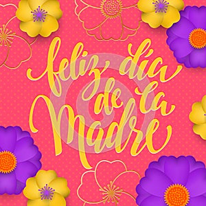 Mothers Day in Spanish greeting card of red flowers pattern and gold text Feliz dia de la Madre. Vector floral pink background for photo