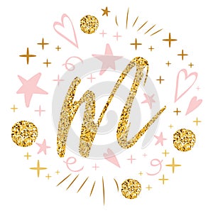 Mothers Day vector greeting car with gold letter M Romantic abstract pink print