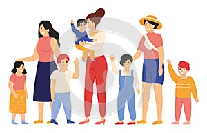 Mothers and kids. Female friends with children, smiling and waving hands, happy motherhood vector illustration. Young