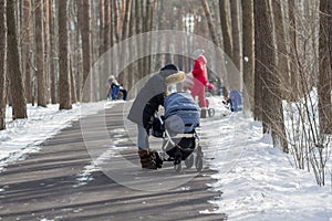 Mothers with strollers on a walk in the park in the winter