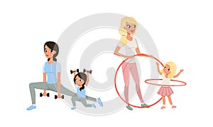Mothers and their Daughters Doing Sports Together, Cheerful Women and Girls Exercising with Dumbbells and Doing Hula