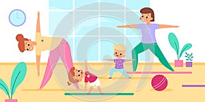 Mothers yoga with kids. Moms and children group fitness class, joint spot activity, girl and boy in sports room