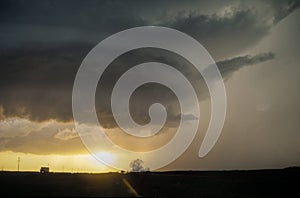 Mothership type wall cloud of a supercell thunderstorm over the Great Plains at sunset