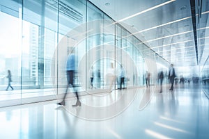 Motion blur of business people walking in the corridor of modern office