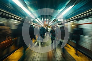 Motion blur of busy subway station with people commuting