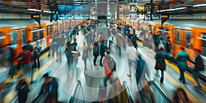 Motion blur of busy subway station with people commuting