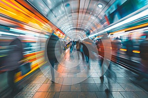Motion blur of busy subway station with people commuting