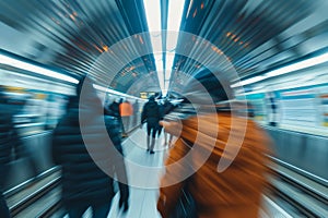 Motion blur of busy subway station with people commuting
