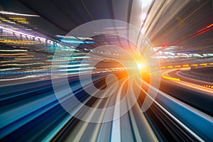 Motion blur of a city and tunnel from inside a moving monorail in Tokyo