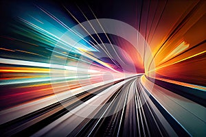 Motion blur of high speed train moving fast in tunnel, abstract background. Generative AI