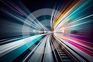 Motion blur of high speed train moving fast in tunnel, abstract background. Generative AI