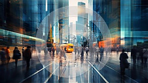 Motion blur of people crossing city road, cars and public transport stopped at traffic light.