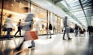 motion blur of people with shopping bags in a busy shopping mall. retail sale and discount