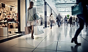 motion blur of people with shopping bags in a busy shopping mall. retail sale and discount