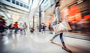 motion blur of people with shopping bags in a busy shopping mall. retail sale and discount