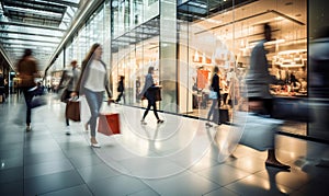 motion blur of people with shopping bags in a busy shopping mall. retail sale and discount
