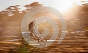 Motion blur, race and man on off road motorbike with adventure, adrenaline and speed in competition, Extreme sport