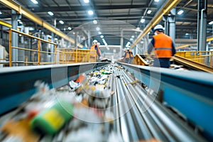 Motion blur of recycling facility with workers and conveyor system