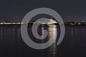 Motion blur of ship crossing Boston harbor