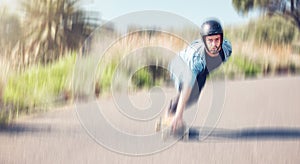 Motion blur, skater and mockup with a sports man moving outdoor on an asphalt street at speed. Skateboard, fast and mock