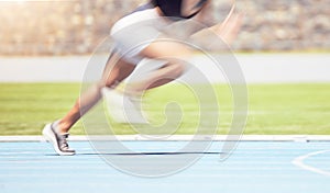 Motion blur sports runner, fast and speed in competition, olympics and race in stadium arena outdoor. Woman athlete