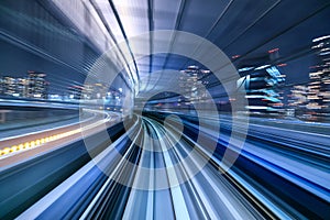 Motion blur of train moving inside tunnel, Japan