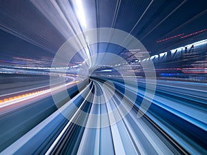 Motion blur of train moving inside tunnel, Japan