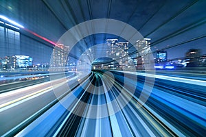 Motion blur of train moving inside tunnel in Tokyo, Japan