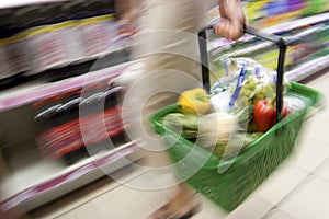 Motion Blur of Woman Holding Shopping Basket Walking in Supermarket