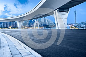 Motion blurred asphalt road and city buildings landscape