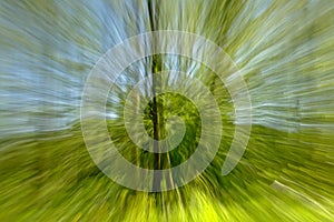Motion blurred background with radial lines in green and blue